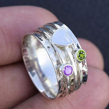 Load image into Gallery viewer, Amethyst and Moonstone Spinner Ring, 925 Sterling Silver Heart Designer Ring, Wide Band Ring, Hammered Meditation Ring (OPTIONS AVAILABLE FOR GEMSTONE & HEART)