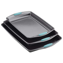 Load image into Gallery viewer, Rachael Ray Bakeware Nonstick Cookie Pan Set, 3-Piece, Gray with Agave Blue Grips