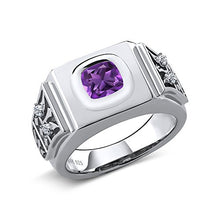 Load image into Gallery viewer, Gem Stone King 2.09 Ct Cushion Purple Amethyst White Topaz 925 Sterling Silver Men's Ring (Size 11)