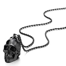 Load image into Gallery viewer, COOLSTEELANDBEYOND Large Stainless Steel Black Skull Pendant Necklace for Men High Polished with 30 Inches Wheat Chain