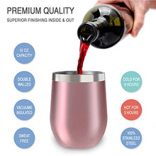 Load image into Gallery viewer, Stainless Steel Wine Tumbler 2 Pack 12 oz - Double Wall Vacuum Insulated Wine Cups with Lids and Straws Set of Two for Coffee, Wine, Cocktails (Rose Gold)