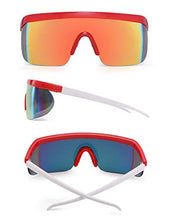 Load image into Gallery viewer, JIM HALO Oversized Flat Top Shield Sunglasses One Piece Mirror Glasses Men Women (Red White Frame/Mirror Gold Lens)