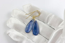 Load image into Gallery viewer, 14k Yellow Gold Blue Kyanite Earrings Smooth Teardrops Simple Casual Pear Dangle Drops 1.6"