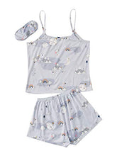 Load image into Gallery viewer, SheIn Women's Cute Cartoon Print Cami Top and Shorts Pajama Set with Eye Mask Grey Graphic X-Large