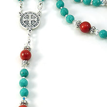 Load image into Gallery viewer, Silver Inches Catholic Prayer Beads Turquoise Coral Saint Benedict Catholic Rosary with Swarovski Beads Blessed with Anointing Oil (Not a Necklace)