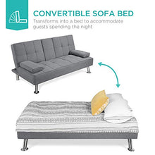 Load image into Gallery viewer, Best Choice Products Linen Upholstered Modern Convertible Folding Futon Sofa Bed for Compact Living Space, Apartment, Dorm, Bonus Room w/Removable Armrests, Metal Legs, 2 Cupholders - Gray