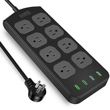 Load image into Gallery viewer, Power Strip Surge Protector 1875W/15A - 8 AC Outlets 3.1A 4 USB Ports 6 Feet Long Extension Cord, Mountable Power Outlet for Flat Plug Phone iPad PC Laptop Home,Office & Hotel - Black