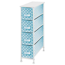 Load image into Gallery viewer, mDesign Narrow Vertical Dresser Drawers - Sturdy Steel Frame, Wood Top, 4 Easy Pull Fabric Bins - Organizer Unit for Child/Kids Room or Nursery - Polka Dot Pattern - Turquoise Blue with White Dots