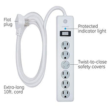 Load image into Gallery viewer, GE 6 Outlet Surge Protector, 10 Ft Extension Cord, Power Strip, 800 Joules, Flat Plug, Twist-to-Close Safety Covers, White, 14092