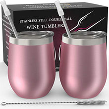Load image into Gallery viewer, Stainless Steel Wine Tumbler 2 Pack 12 oz - Double Wall Vacuum Insulated Wine Cups with Lids and Straws Set of Two for Coffee, Wine, Cocktails (Rose Gold)