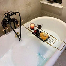 Load image into Gallery viewer, Bathtub Caddy/Tray, Bath Serving Tray - Bath Reading Tray with Expandable Sides, Cellphone Tray And Wineglass Holder - Luxury Spa Organizer,Gold