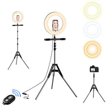 Load image into Gallery viewer, Selvim 10 '' Selfie Ring Light with Tripod & 3 Cellphone Holders for Live Stream/Makeup/Selfie, 128 LED Bulbs 3 Light Modes 10-Level Brightness 360° Rotating, with Bluetooth Remote Control