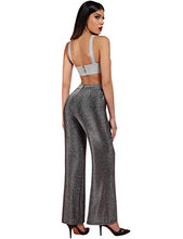 Load image into Gallery viewer, UONBOX Women's Silver Sparkly Wide Leg Trousers and Tops Set Cocktail Party Outfit (S, Silver)