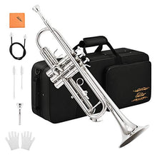 Load image into Gallery viewer, Eastar Bb Standard Trumpet Set for Beginner, Brass Student Trumpet Instrument with Hard Case, Cleaning Kit, 7C Mouthpiece and Gloves, ETR-380N, Silver