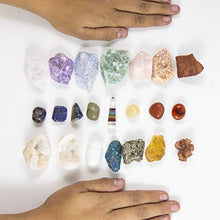 Load image into Gallery viewer, Beverly Oaks Premium Healing Crystals 21 Piece Kit - 7 Tumbled Chakra Stones, 7 Raw Crystals, Peacock Ore, Crystal Geode, Pyrite, Honey Calcite, Aragonite, Selenite Stone + Bonus Chakra Tower