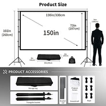 Load image into Gallery viewer, Projector Screen and Stand,Towond 150 inch Indoor Outdoor Projection Screen, Portable 16:9 4K HD Rear Front Movie Screen Pull Down with Carry Bag Wrinkle-Free Design for Home Theater Backyard Cinema