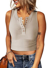 Load image into Gallery viewer, Zecilbo Womens Crew Neck Sleeveless Button Solid Color Racer Back Tank Tops Sexy Halter Neck Summer Crop Tops Basic Tops