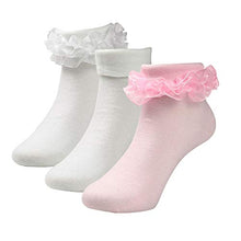 Load image into Gallery viewer, COTTON DAY Dressy Ruffle Lace Turn Cuff Socks For Kids Toddler Little Girls (Pink White White, L: Shoe Size 13.5-3.5)