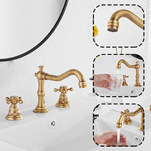 Load image into Gallery viewer, GGStudy 8 inch 2 Handles 3 Holes Widespread Bathroom Sink Faucet Antique Brass Bathroom Vanity Faucet Basin Mixer Tap Faucet Matching Metal Pop Up Drain with Overflow