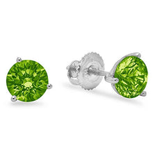 Load image into Gallery viewer, 1.0 ct Brilliant Round Cut Solitaire Designer Genuine Natural Green Peridot Gemstone VVS1 Ideal Flawless pair of 3-prong Stud Martini Earrings Solid 14k White Gold Screw Back Clara Pucci