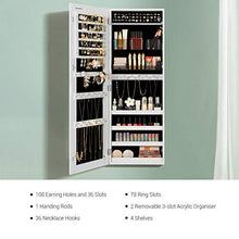 Load image into Gallery viewer, SONGMICS Jewelry Cabinet Armoire, Lockable Wall-Mounted Storage Organizer Unit with 2 Plastic Cosmetic Storage Trays, Full-Length Frameless Mirror, for Necklace Earring, White UJJC001W01