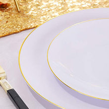 Load image into Gallery viewer, NERVURE 100Pieces White with Gold Rim Plastic Plates- 7.5inch Disposable Gold Salad/Dessert Plates-Ideal for Weddings& Parties