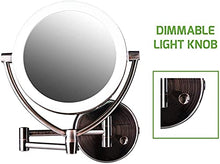 Load image into Gallery viewer, Ovente 7.5" Lighted Wall Mount Makeup Mirror, 1X & 10X Magnifier, Spinning Double Sided Round LED w/ Dimmer Switch, Extend, Retractable & Folding Arm, Battery USB Powered Antique Brass MLW75AB1X10X