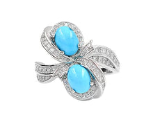 Load image into Gallery viewer, Natural Two Stone 7X5 MM Oval Sleeping Beauty Turquoise Cabochon Gemstone 925 Sterling Silver December Birthstone Solitaire Unisex Proposal Ring Anniversary Gift For Wife (Yellow Gold Rhodium Plated Silver, 8)