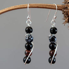 Load image into Gallery viewer, SatinCrystals Obsidian Medley Earrings 1.9" Boutique Black Snowflake Mahogany Volcanic Protection Stone Sterling Silver B01