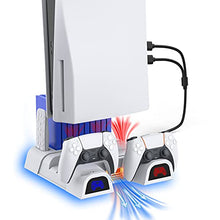 Load image into Gallery viewer, NexiGo PS5 Accessories Cooling Stand with LED Lighting Fans and Dual Controller Charger Station for Playstation 5 Console, Upgraded Multifunctional Stand with Charging Dock, 10 Game Slots, White