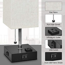 Load image into Gallery viewer, USB Bedside Table Lamp,Hansang Nightstand Lamp with Dual Charging Ports,LED Desk Lamps for Bedrooms,Tetragon Fabric Linen Lamp Shade with Pull Chain,E26 Warm White Light Bulb Included