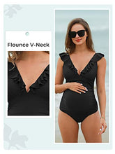 Load image into Gallery viewer, Summer Mae Maternity Swimsuit V-Neck One Piece Swimsuit Ruffled Lace Up Monokini Black L