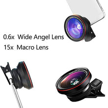 Load image into Gallery viewer, Smart Phone Camera Lens Kit, 4K HD Optical 15X Macro Lens 0.6X Super Wide Angle Lens Kit Cellphone Telescope Lens for iPhone 11 XS XR X 8 7 Samsung Galaxy