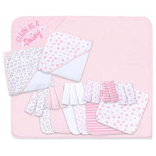 Load image into Gallery viewer, The Peanutshell Hooded Bath Towel and Wash Cloth Set for Baby Girls - 23 Piece Gift Set - Pink Floral & Cheetah Print