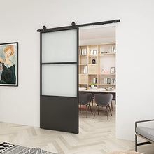 Load image into Gallery viewer, 36"x 84"Metal Glass Sliding Barn Door Panel Heavy Duty Black Carbon Steel Clear Tempered Glass Door Slab with Top Mount Barn Door Hardware Kit Assemble Required(Soft Close Included )