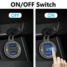 Load image into Gallery viewer, 12V USB Outlet Quick Charge 3.0, Qidoe Aluminum Metal 12V Socket 36W Dual USB Charger with LED Voltmeter Power Switch Waterproof Fast Car Charger Adapter for Car Motorcycle RV Marine Golf Cart Truck