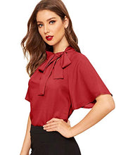 Load image into Gallery viewer, SheIn Women's Casual Side Bow Tie Neck Short Sleeve Blouse Shirt Top Medium Red