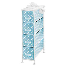 Load image into Gallery viewer, mDesign Narrow Vertical Dresser Drawers - Sturdy Steel Frame, Wood Top, 4 Easy Pull Fabric Bins - Organizer Unit for Child/Kids Room or Nursery - Polka Dot Pattern - Turquoise Blue with White Dots