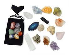 Load image into Gallery viewer, 21 Healing Crystals and Chakra Kit: Amethyst, Selenite, Pyrite, Clear Quartz, Half Geode, Rose Quartz, Citrine, Desert Rose, Agate, Tourmaline and 4 Calcites (Red,Green,Blue,Orange) + 7 Chakra Stones