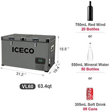 Load image into Gallery viewer, ICECO VL60 Dual Zone Portable Refrigerator with SECOP Compressor, 60 Liters Platinum Compact Refrigerator, DC 12/24V, AC 110-240V, 0℉ to 50℉, Home & Car Use (with Insulated Cover)