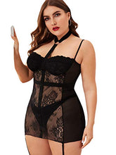Load image into Gallery viewer, Floerns Women's Plus Size Sexy Lace V Neck Sheer Lingerie Dress with Sockings A Black 4XL