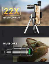 Load image into Gallery viewer, CoPedvic Phone Camera Lens Phone Lens for iPhone Samsung Pixel Android, 22X Telephoto Lens, 4K HD 0.67X Super Wide Angle Lens&25X Macro Lens, 205° Fisheye Lens, Work as Telescope with Metal Tripod