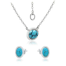Load image into Gallery viewer, 925 Sterling Silver 8x6 Oval Shape Simulated Turquoise Pendant Necklace, 16"+ 2" Extender and Stud Earrings, Jewelry Set for Women Girls