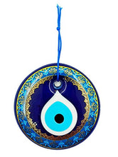 Load image into Gallery viewer, Erbulus Glass Blue Evil Eye Wall Hanging Gold and Turquoise Floral Design Ornament – Turkish Nazar Bead - Home Protection Charm - Wall Art Amulet in a Box