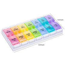 Load image into Gallery viewer, AM PM Weekly 7 Day Pill Organizer, Sukuos Large Daily Pill Cases Pill Box with Easy Push Button Design for Pills/Vitamin/Fish Oil/Supplements (Rainbow)