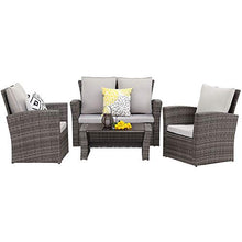 Load image into Gallery viewer, Wisteria Lane 4 Piece Outdoor Patio Furniture Sets, Wicker Conversation Set for Porch Deck, Gray Rattan Sofa Chair with Cushion