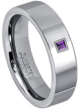 Load image into Gallery viewer, 0.05ctw Solitaire Princess Cut Amethyst Tungsten Ring - 6MM Polished Finish Pipe Cut Tungsten Carbide Wedding Band - February Birthstone Ring - s10.5