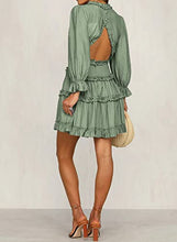Load image into Gallery viewer, Dokotoo Womens Cute Fall Summer Casual Sexy Deep V Neck Ruffle Chiffon Lantern Long Sleeve Elegant Boho Hawaiian Flowy Mini Short Skirt Dresses for Women Party 2022 Green X-Small