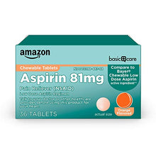 Load image into Gallery viewer, Amazon Basic Care Aspirin 81 mg Pain Reliever (NSAID) Chewable Tablets, Low Dose Aspirin, Orange Flavor, 36 Count