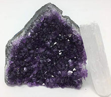 Load image into Gallery viewer, SUPERIOR Amethyst Cluster - 1/2 to 1 lb - Uruguayan Amethyst Crystals. Includes a Bonus 3 inch Selenite Wand in a Velvet Bag.